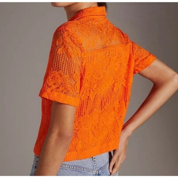 Maeve Anthropologie Lace Button Down Top Short Sleeve Orange Size Medium - Picture 2 of 8